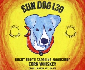 This is the label for Southern Grace Distilleries' 130-proof corn whiskey called "Sun Dog 130."