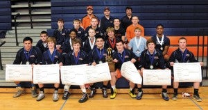 Photo by Wayne Hinshaw/For The Salisbury Post The winners from Saturday’s Rowan County Championship at Carson. Front Row:  East’s Sam Comacchione (106 pounds), South’s Logan Durham (113), Salisbury’s Marc Gonzalez (120), East’s Jeff Burrell (126), Carson’s Cameron Rayfield (132), Carson’s Brady Argabright ( 138), and North’s Jaleel Hitchens (145) BACK ROW: Isaac Hengel ( 152), Jaron McMasters (160),  Carson’s Brandon Sloop ( 170), East’s Shiheem Saunders (182), Salisbury’s Simeon Caldwell (195), Carson’s Anthony McCurry (220) and Carson’s Alex Lyles (285). 