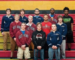 Carson's Brandon Sloop (170 pounds); not pictured; is the recipient of the 2015 Dutch Meyer Award as the Rowan County wrestler of the year. Front row: East Rowan Sam Cornacchione (106 pounds); South Rowan's Logan Durham (113); and Carson's Brady Argabright (138). Second row: East Rowan's Jeff Burrell (126); East Rowan's Logan Haas (120); Salisbury's Simeon Cladwell (195); and Carson's Isaac Hengel (152). Third row: Carson's Cameron Rayfield (132); Carson's Jaron McMasters (160); Carson's Anthony McCurry (220); East Rowan's Shiheem Saunders (182) and North Rowan's Jaleel Hitchens (145).