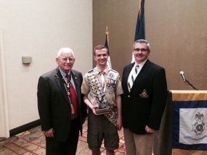 Left to right: Grady Hall, local SAR president, Marshall Brady and Stephen Thrasher, NCSSAR Eagle Scout Awards Chairman